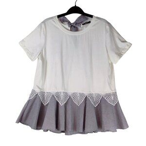 Shein Blouse Ruffel & Lace Edging Flair Cotton Cottage Preppy Bow in Back